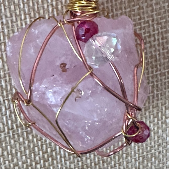 Pink Quartz Crystal Wire Wrapped Stone Pendant Necklace Handmade Leather Cord - Picture 2 of 12